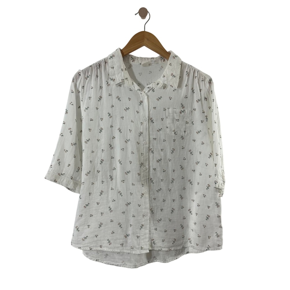 White Cotton Gauze Floral‎ Button Down Shirt 3/4 Sleeve Size M Casual Top